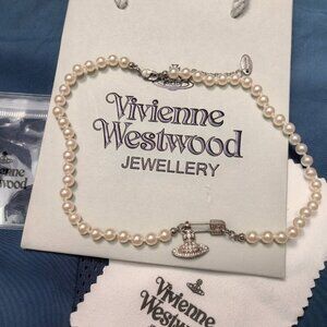 Pre-owned Vivienne Westwood Pearl Necklace Silver Orb Pendant Choker w/Pin